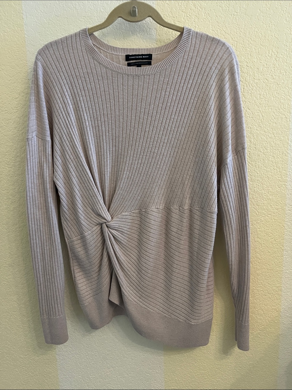 Something Navy Beige Twist-Knot Ribbed Crewneck Sweater